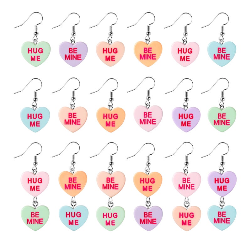 Xqumoi 18Pcs Valentineâ€™s day Conversation Heart Candy Earrings Hug Me Be Mine Resin Heart Pendant Earrings with Hypoallergenic Stainless Steel Hooks Jewelry Accessories Valentine Gift for Women - Image 1