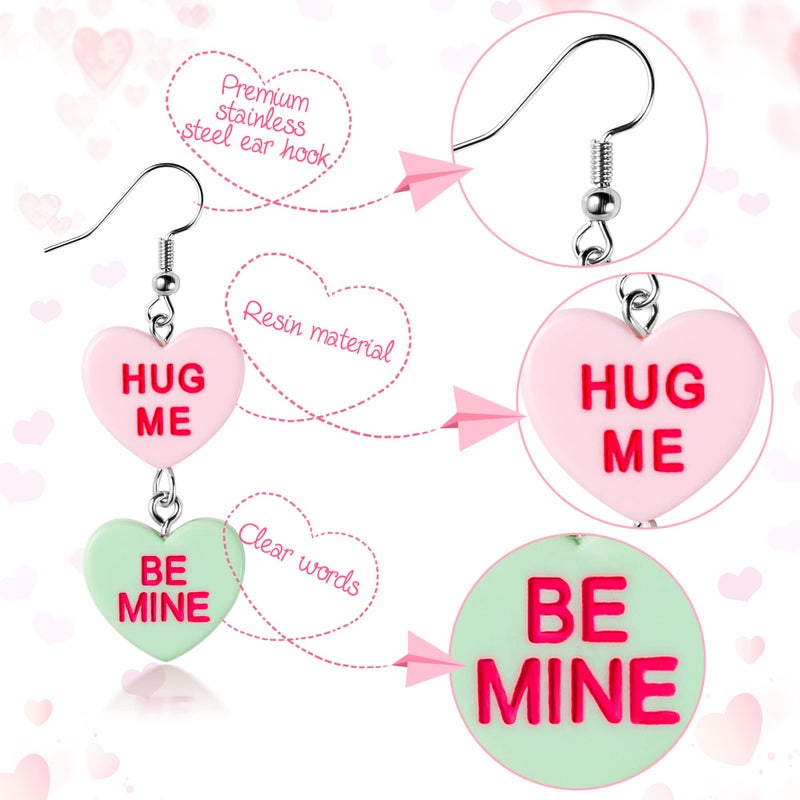 Xqumoi 18Pcs Valentineâ€™s day Conversation Heart Candy Earrings Hug Me Be Mine Resin Heart Pendant Earrings with Hypoallergenic Stainless Steel Hooks Jewelry Accessories Valentine Gift for Women - Image 3