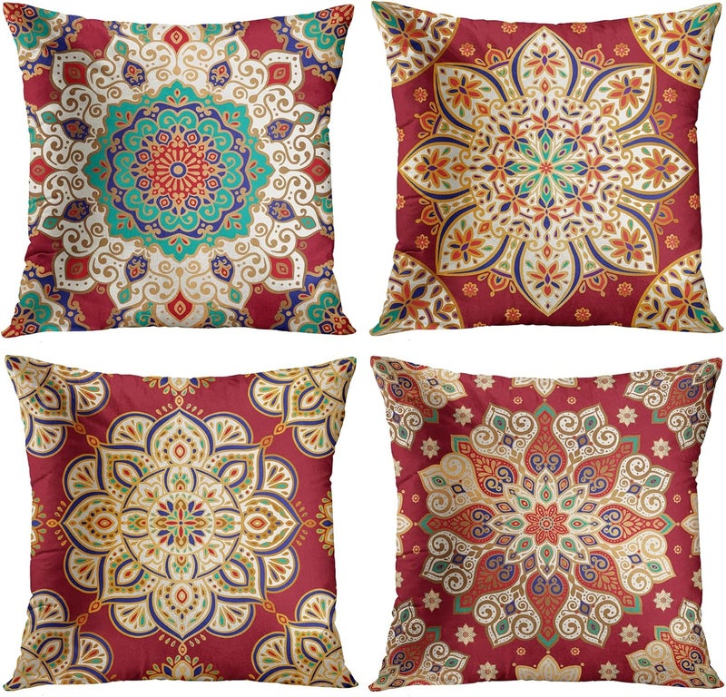 Britimes Throw Pillow Covers, Red Mandala Ethnic Flower Home Decor Set of 4 Pillow Cases, 18 X 18 inches Sofa Cushion Couch Sofa Pillowcases Decorative - Image 1