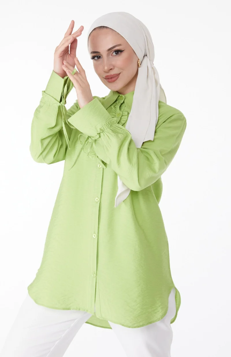 Tofisa Plain Shirt Collar Women's Green Ruffle Shirt - 25259