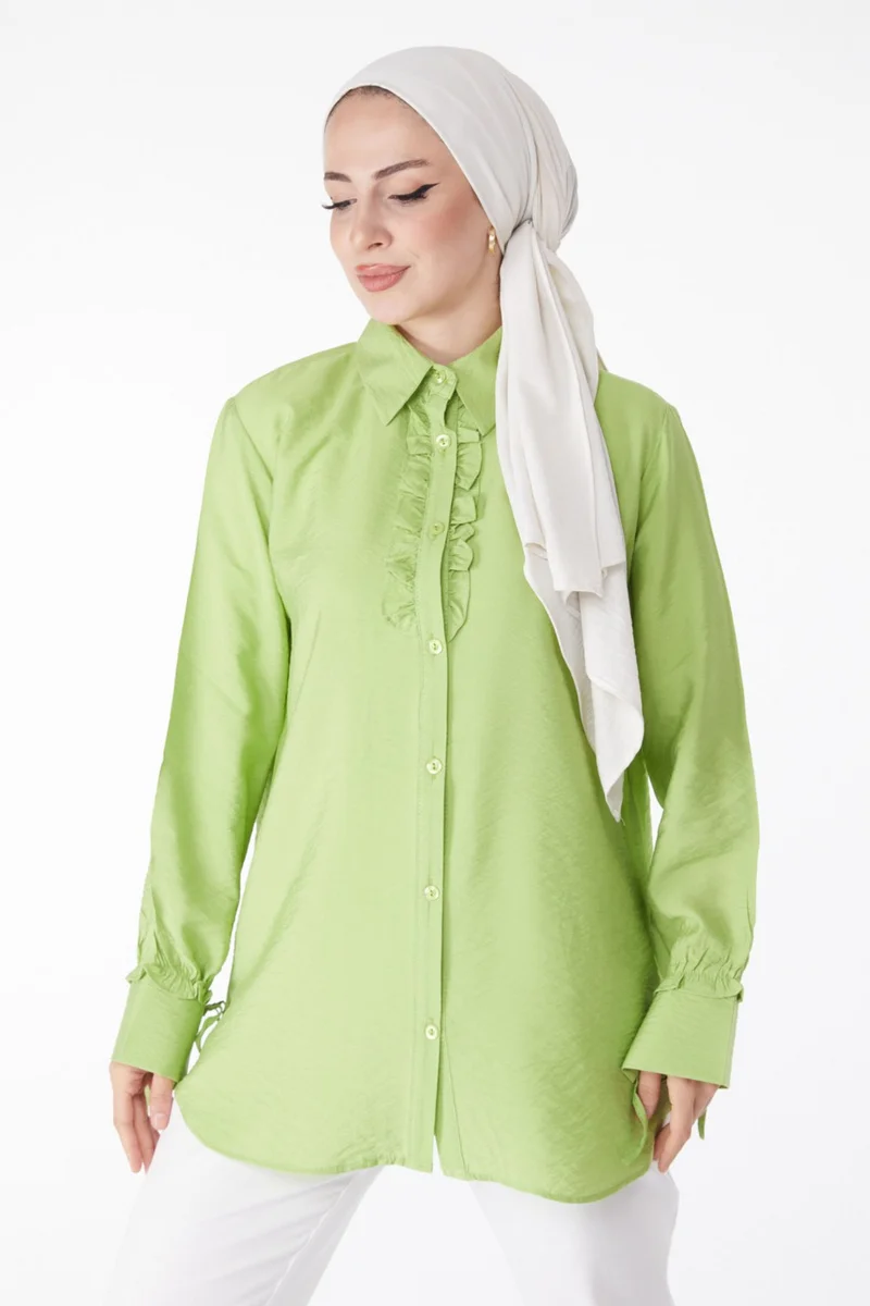 Tofisa Plain Shirt Collar Women's Green Ruffle Shirt - 25259