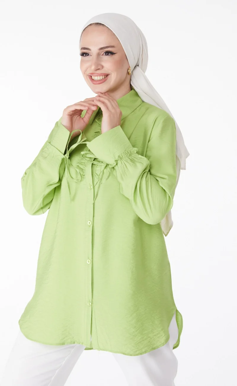 Tofisa Plain Shirt Collar Women's Green Ruffle Shirt - 25259