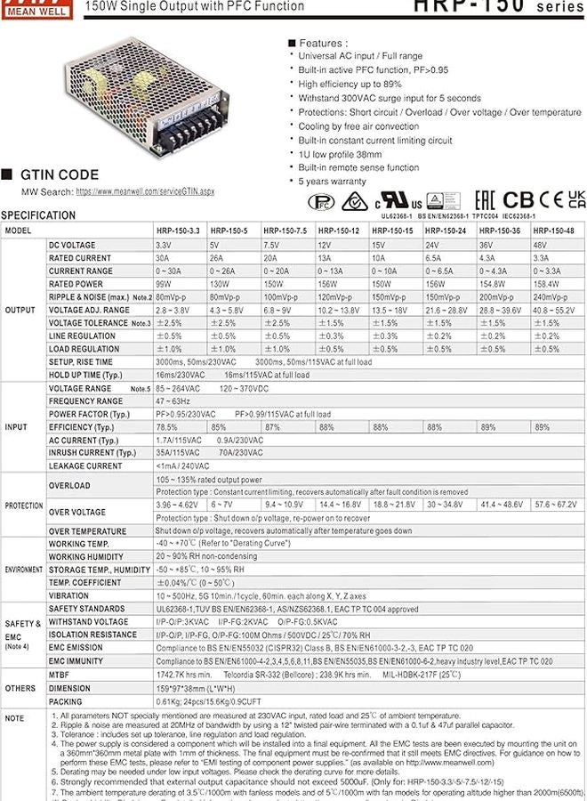 Mean Well HRP 150 7 5V 20A 150W Single Output Power Supply with PFC Function - Image 3