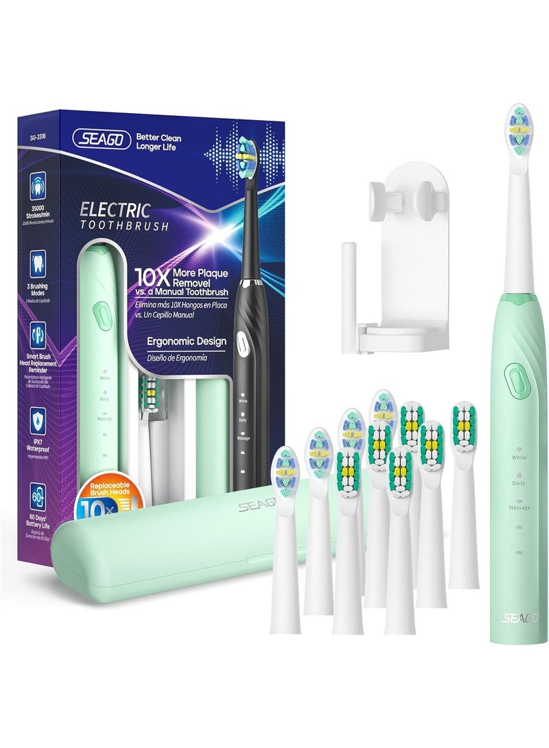 سيجو فرشاة أسنان كهربائية من سيجو مع 10 رؤوس فرشاة، حقيبة سفر وحامل، مؤقت ذكي للبالغين، SG-2316 (أخضر) - Image 1