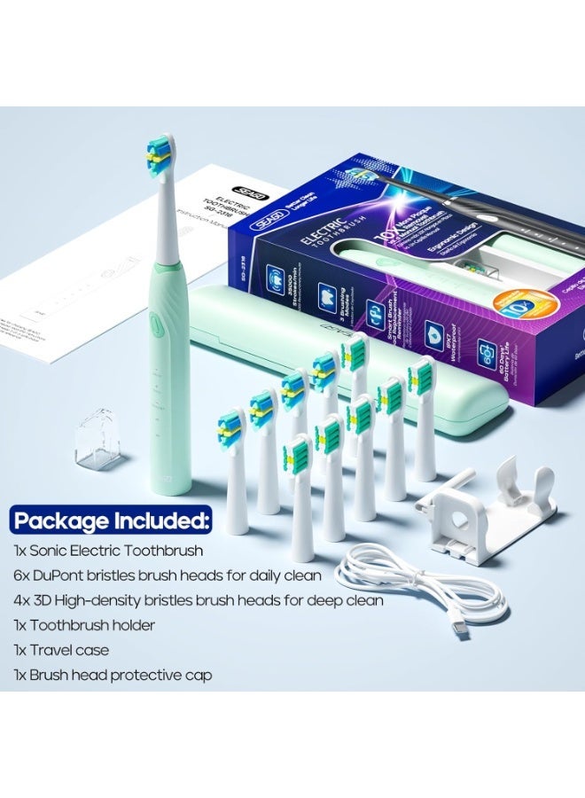 سيجو فرشاة أسنان كهربائية من سيجو مع 10 رؤوس فرشاة، حقيبة سفر وحامل، مؤقت ذكي للبالغين، SG-2316 (أخضر) - Image 2