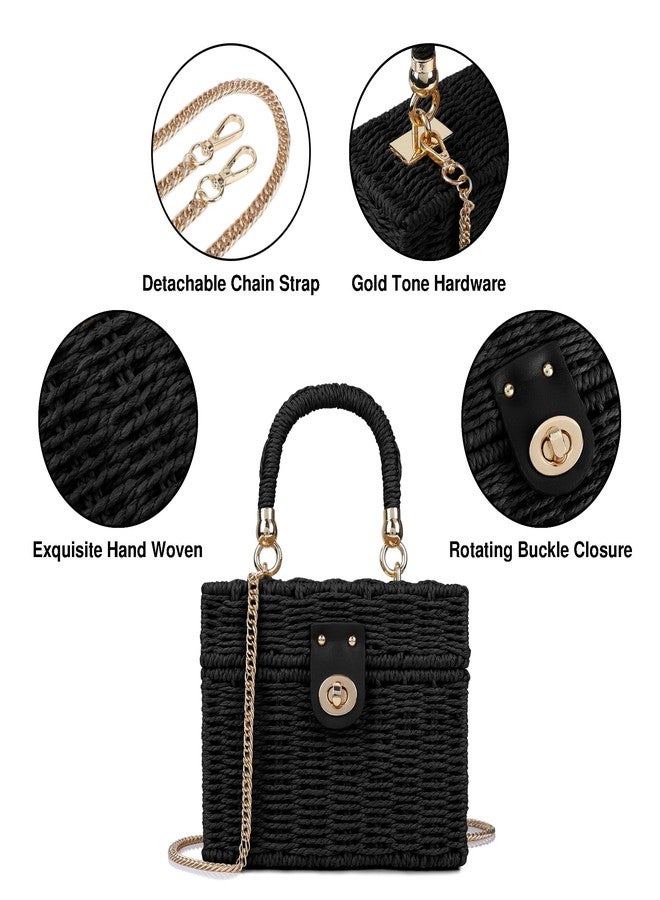 Youjaree Handwoven Rattan Bag for Women Wicker Crossbody Shoulder Bag Straw Beach Tote Bag Top Handle Satchel Handbag with Chain Strap(Black) - Image 5