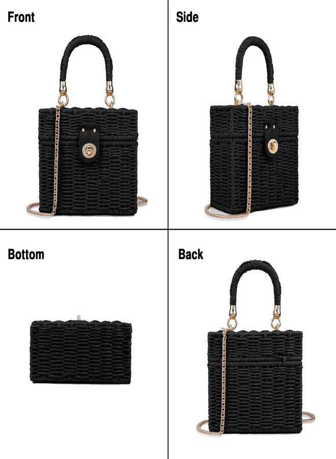 Youjaree Handwoven Rattan Bag for Women Wicker Crossbody Shoulder Bag Straw Beach Tote Bag Top Handle Satchel Handbag with Chain Strap(Black) - Image 4