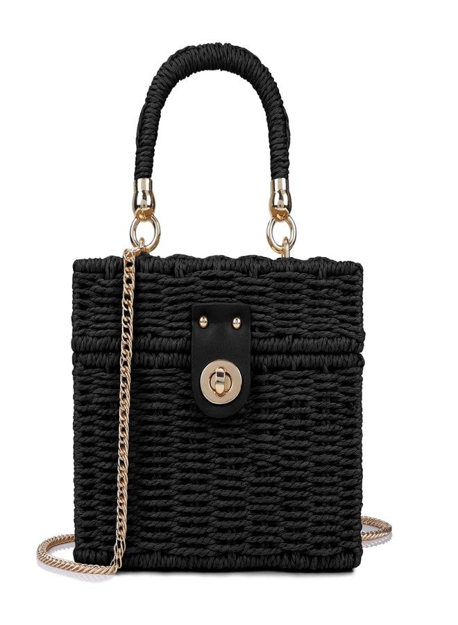 Youjaree Handwoven Rattan Bag for Women Wicker Crossbody Shoulder Bag Straw Beach Tote Bag Top Handle Satchel Handbag with Chain Strap(Black) - Image 1