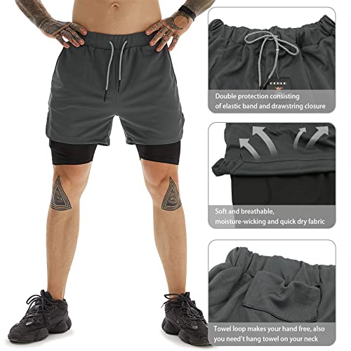 OEBLD Gym Shorts Men for Running, Training, Mens Athletic Workout Shorts with Compression Mesh Liner, Quick Dry, Lightweight, Phone Pocket, Towel Loop, 7inch Grey - Image 4