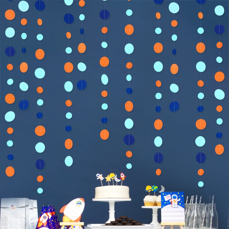 pinkblume 46 Ft Navy Blue Orange and Teal Circle Dots Garland Royal Blue Orange Aqua Polka Dot Hanging Paper Streamer for Birthday Wedding Bridal Baby Shower Outer Space Galaxy Theme Party Decorations Supplies - Image 1