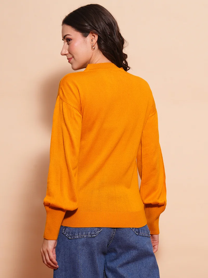 globus Women Cotton Bishop Sleeves Ribbed Hem Flat Knitted Pullover Sweater