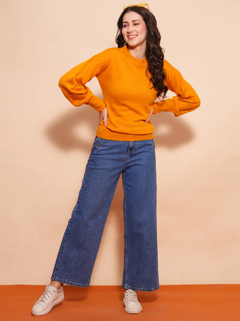 globus Women Cotton Bishop Sleeves Ribbed Hem Flat Knitted Pullover Sweater