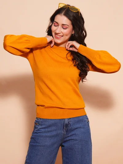 globus Women Cotton Bishop Sleeves Ribbed Hem Flat Knitted Pullover Sweater