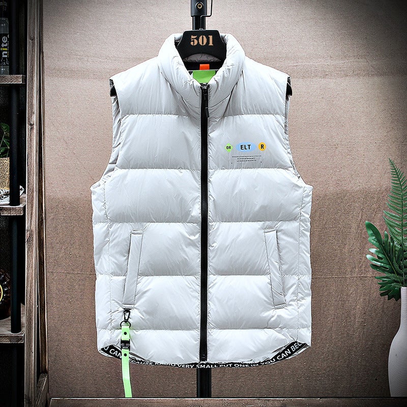 Men'S Washed Vest Korean Style Plus Size Slim-Fit Handsome Vest Youth All-Matching White Duck Down Stand Collar Fashion National Fashion - Image 2