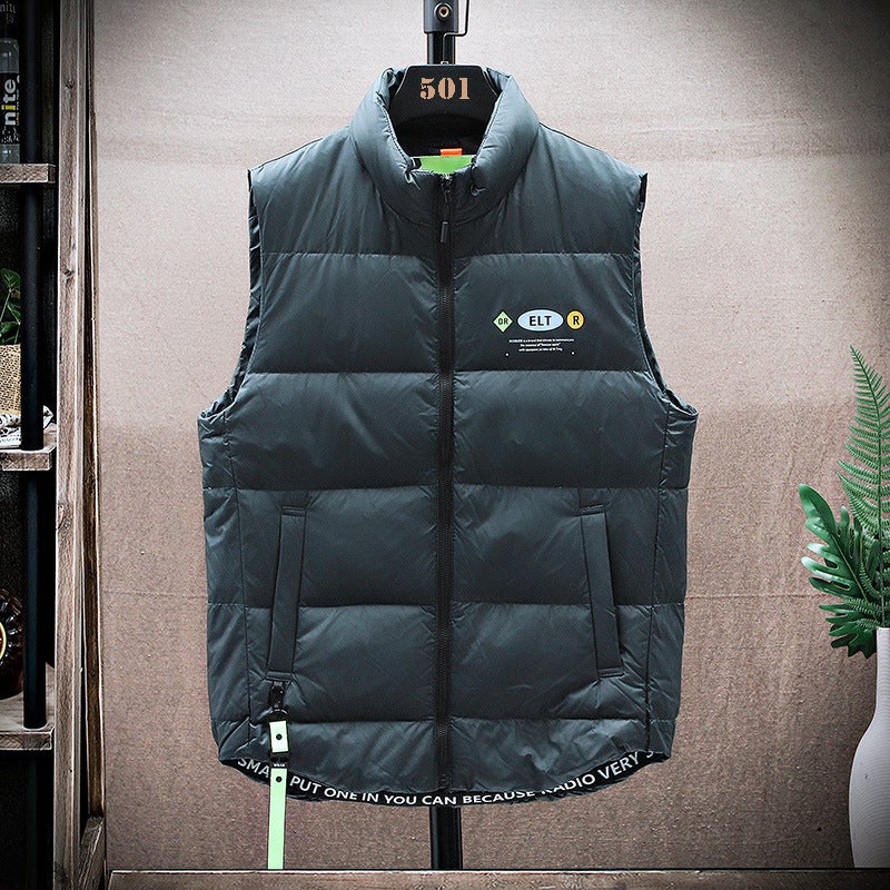 Men'S Washed Vest Korean Style Plus Size Slim-Fit Handsome Vest Youth All-Matching White Duck Down Stand Collar Fashion National Fashion - Image 5