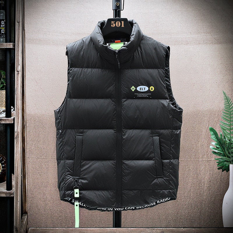 Men'S Washed Vest Korean Style Plus Size Slim-Fit Handsome Vest Youth All-Matching White Duck Down Stand Collar Fashion National Fashion - Image 3