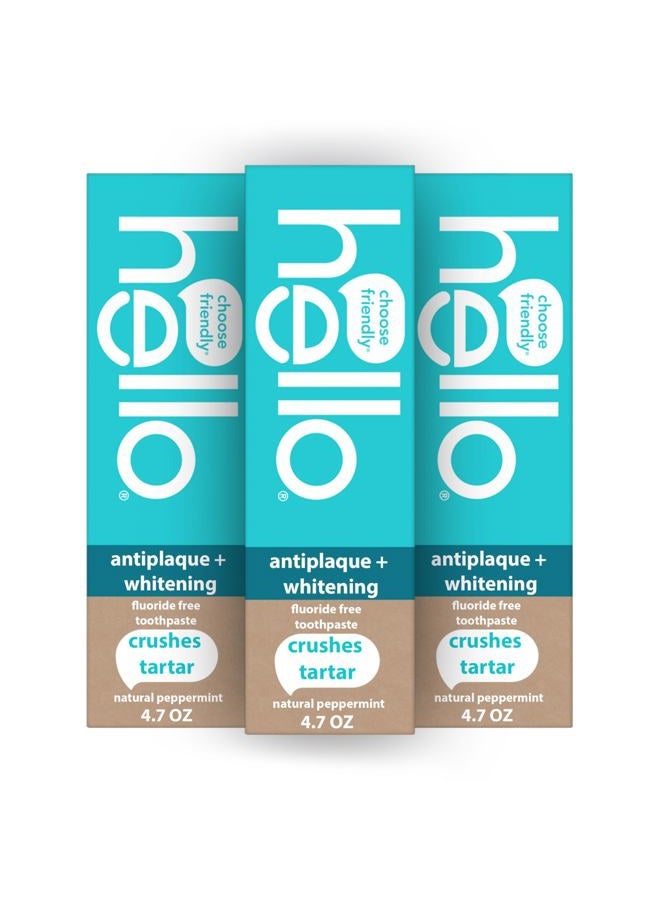 Hello Antiplaque and Whitening Fluoride Free Toothpaste, Whitening Toothpaste with Coconut Oil and Tea Tree Oil, Helps Whiten Teeth, Natural Peppermint, 3 Pack, 4.7 Oz Tubes - Image 1
