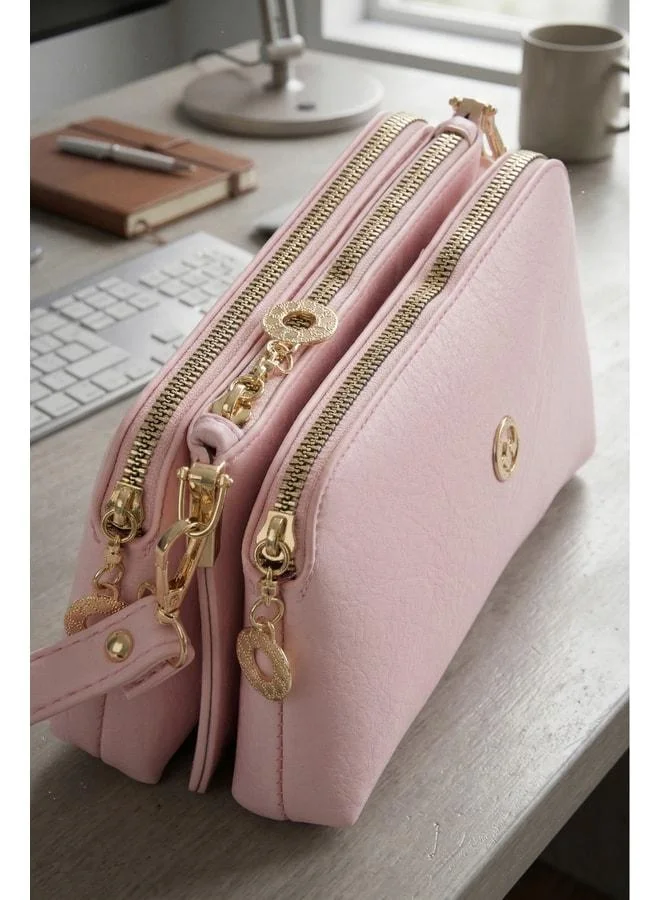 Women's Melisa Pink 3-Compartment Small Size Zipper Closure Strap Hand, Wrist, and Shoulder Bag.