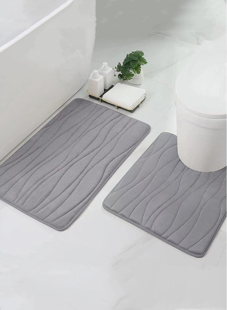 Kutis 2-Pieces Bathroom Absorbent Non-Slip Rugs Set Toilet Floor Mat Polyester Fiber Grey 60x40 and 50x40 cm - Image 1