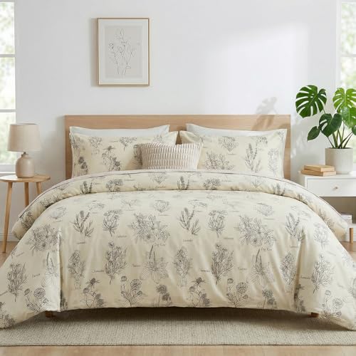 Cozaline Cozeline 100% Cotton Duvet Cover Queen Size, Vintage Design with Luxrious Black Sketched Flowers & Leaves on Cream, 3 Pcs Breathable and Soft Duvet Cover for All Season - Image 3