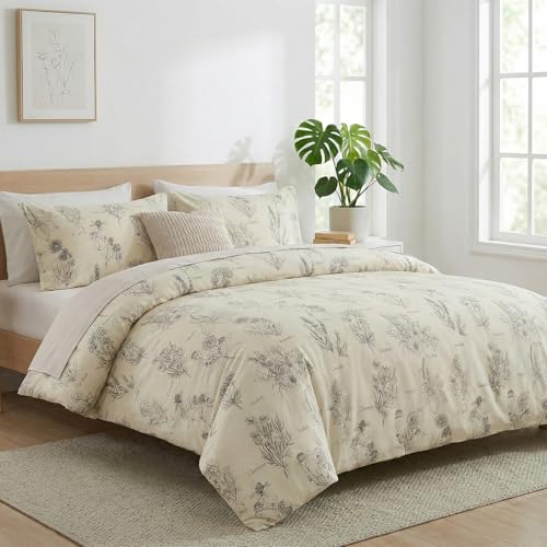 Cozaline Cozeline 100% Cotton Duvet Cover Queen Size, Vintage Design with Luxrious Black Sketched Flowers & Leaves on Cream, 3 Pcs Breathable and Soft Duvet Cover for All Season - Image 2