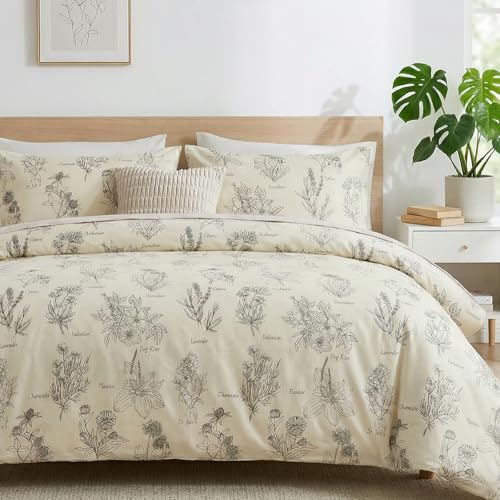 Cozaline Cozeline 100% Cotton Duvet Cover Queen Size, Vintage Design with Luxrious Black Sketched Flowers & Leaves on Cream, 3 Pcs Breathable and Soft Duvet Cover for All Season - Image 1