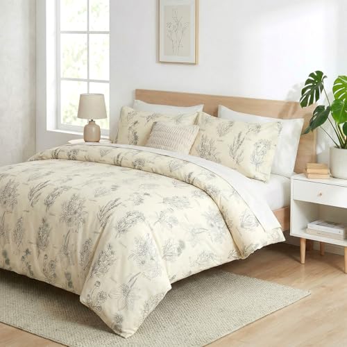 Cozaline Cozeline 100% Cotton Duvet Cover Queen Size, Vintage Design with Luxrious Black Sketched Flowers & Leaves on Cream, 3 Pcs Breathable and Soft Duvet Cover for All Season - Image 5