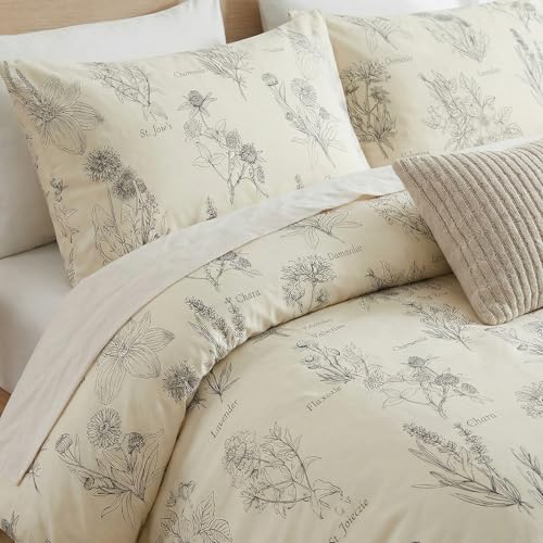 Cozaline Cozeline 100% Cotton Duvet Cover Queen Size, Vintage Design with Luxrious Black Sketched Flowers & Leaves on Cream, 3 Pcs Breathable and Soft Duvet Cover for All Season - Image 4