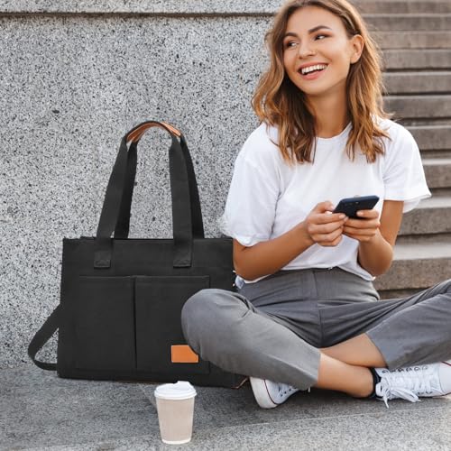 Barsine Laptop Tote Bag for Women - Large Work Bag with Multiple Pockets & Compartment, Cute Canvas Purse with Shoulder Strap - Image 3