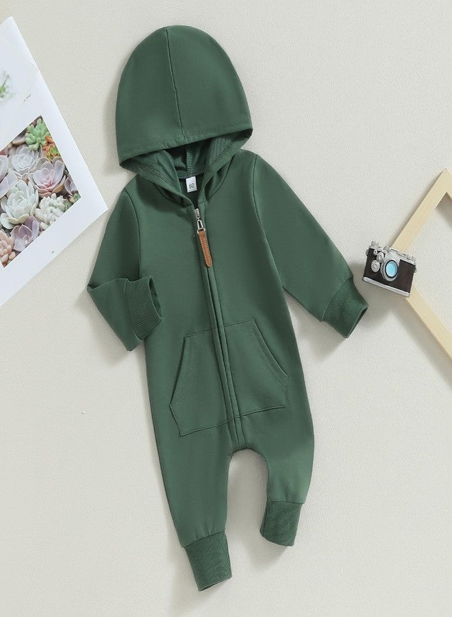 DNOMAID YZARC Infant Baby Boy Girl Clothes Solid Hoodie Romper Zip Up Long Sleeve Hooded Jumpsuit Coverall Fall Winter Outfit (green, 0-3 Months) - Image 2