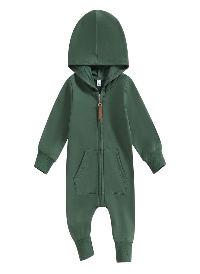 DNOMAID YZARC Infant Baby Boy Girl Clothes Solid Hoodie Romper Zip Up Long Sleeve Hooded Jumpsuit Coverall Fall Winter Outfit (green, 0-3 Months) - Image 1