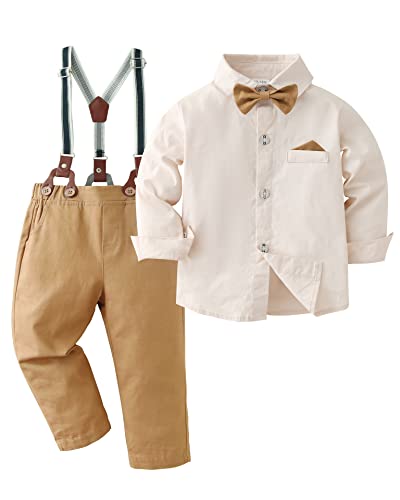 DISAUR Boys Church Outfit Apricot Brown Long Sleeve Dress Shirt Bow Tie Suspender Pants Toddler Formal Outfit Boy 2t 3t 2-3t - Image 1