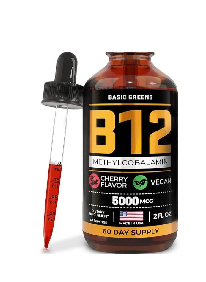 BASIC GREENS Vitamin B12 Sublingual Methylcobalamin B12 Vitamins B12 Liquid drops Methyl B12 Cherry flavor 5000mcg - Image 1