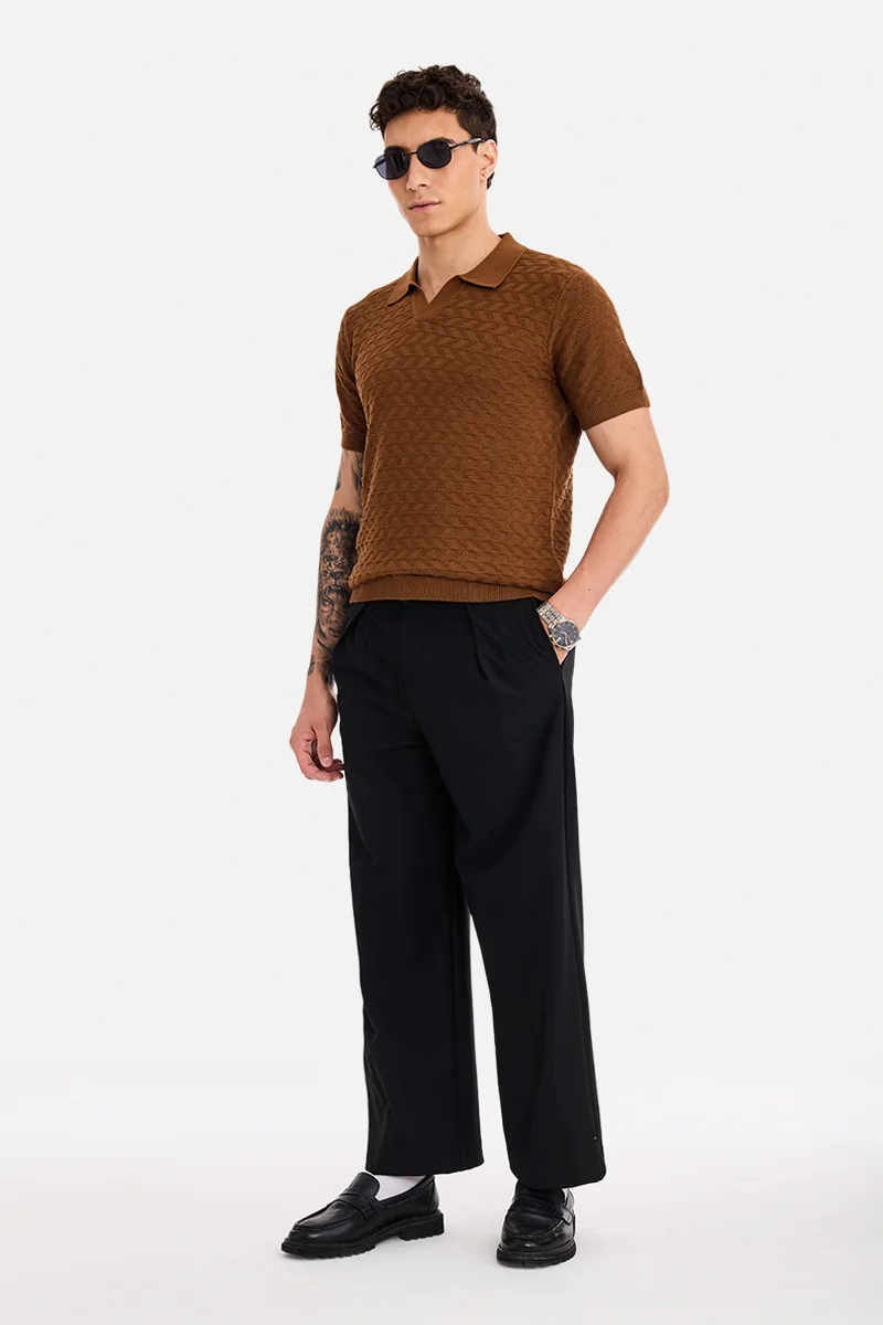 سنيتش Brown Textured Half Sleeve Regular Fit T-Shirt