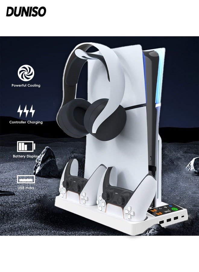 DUNISO PS5 Stand with Cooling Station Dual Controller Charging Station 3-Level Speeds Cooling Fan PS5/Slim/Pro Cooling Charger Stand with Headphone Hook Storage PS5 Accessories Vertical Stand - Image 1