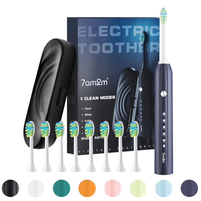 7AM2M Sonic Electric Toothbrush for Adults and Kids with 8 Brush Heads and Travel Case5 Modes with 2 Minutes Build in Smart Timer One Charge Use for 90 Days Rechargeable ToothbrushesNavy Blue