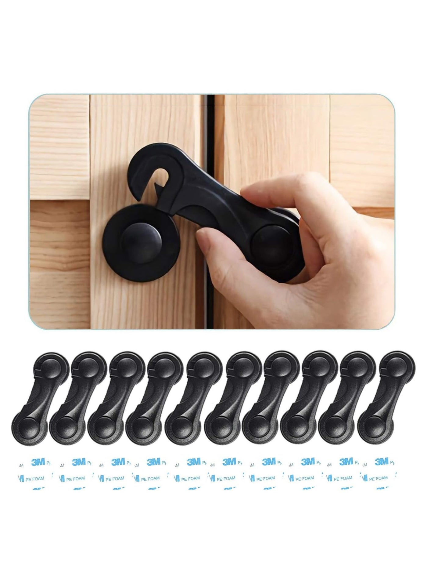 Child Safety Cabinet Locks (10 Pack) - Baby Proofing Latches Lock for Drawers, Toilet Seat, Fridge, Oven, with 10 Extra 3M Adhesives (Black)