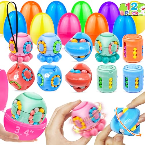 AMENON 12 Pack 34 Jumbo Filled Easter Eggs with Toys Magic Bean Cubes Fidget Puzzle Toy Brain Teaser Easter Basket Stuffer Egg Fillers Stress Relief Party Favors Gifts Kid Toddler Teen Classroom Prizes - Image 1