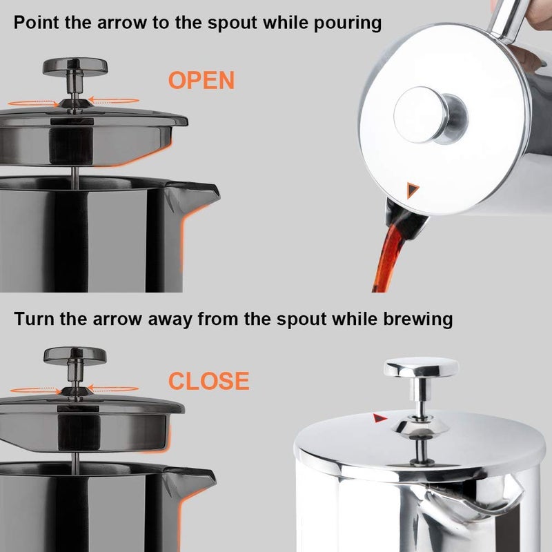 Secura French Press Coffee Maker, 304 Grade Stainless Steel Insulated Coffee Press with 2 Extra Screens, 50oz (1.5 Litre), Silver - Image 4