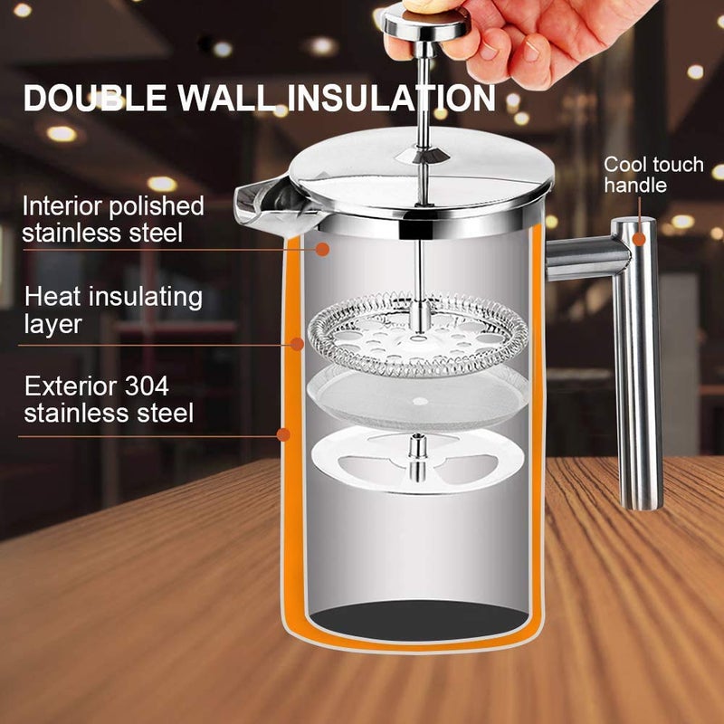 Secura French Press Coffee Maker, 304 Grade Stainless Steel Insulated Coffee Press with 2 Extra Screens, 50oz (1.5 Litre), Silver - Image 2