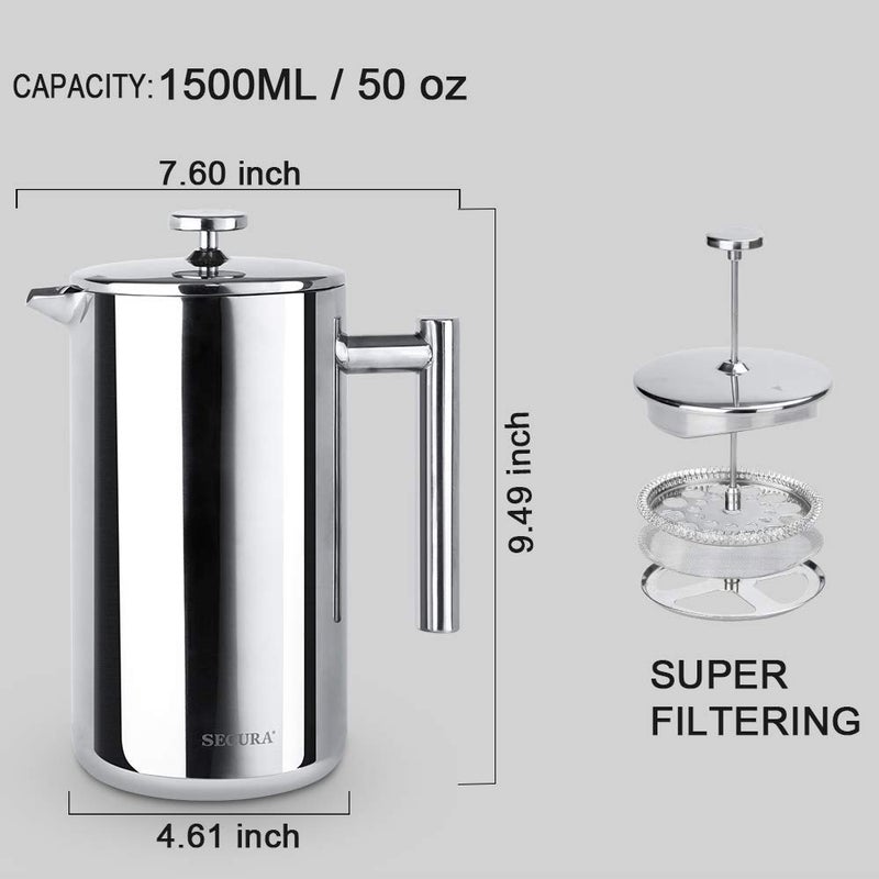 Secura French Press Coffee Maker, 304 Grade Stainless Steel Insulated Coffee Press with 2 Extra Screens, 50oz (1.5 Litre), Silver - Image 5