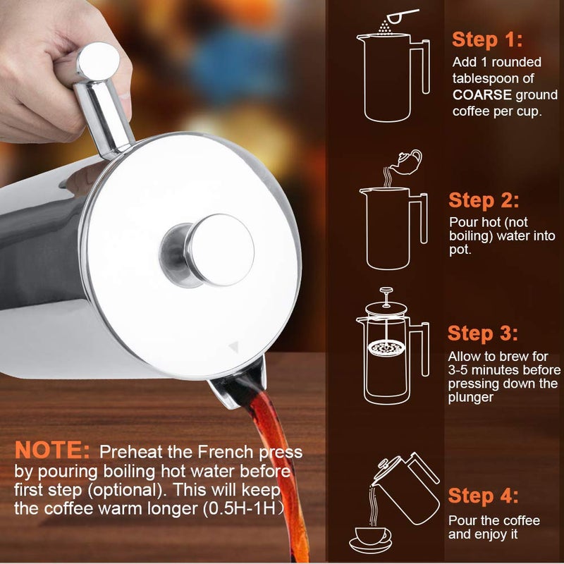 Secura French Press Coffee Maker, 304 Grade Stainless Steel Insulated Coffee Press with 2 Extra Screens, 50oz (1.5 Litre), Silver - Image 3