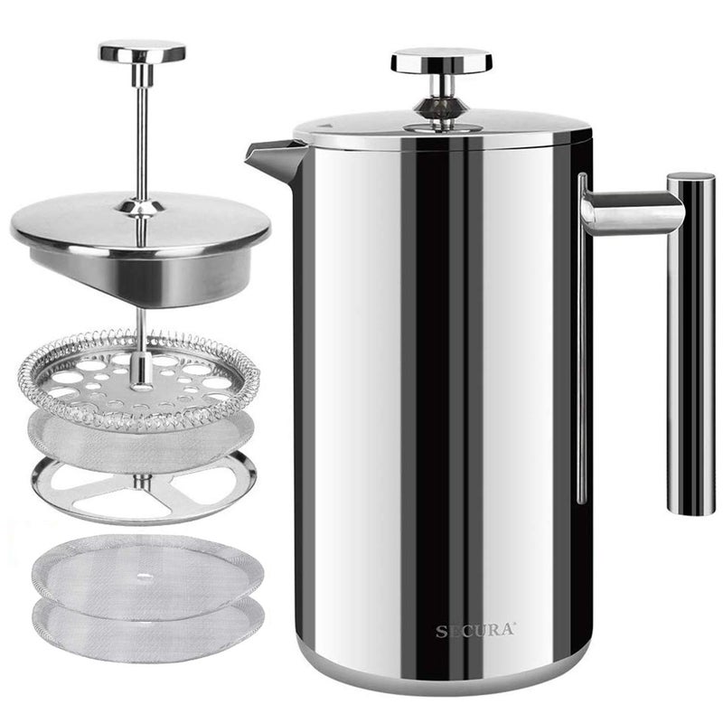 Secura French Press Coffee Maker, 304 Grade Stainless Steel Insulated Coffee Press with 2 Extra Screens, 50oz (1.5 Litre), Silver - Image 1