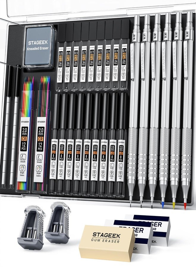 STAGEEK 35Pcs Art Mechanical Pencil Set with Case, 0.5 0.7 0.9 2.0 Graphite Metal Drawing Drafting Pencils, Sharpener Erasers 384PCS Lead Refills (6B 4B 2B HB 2H 4H Colors)Pencils for Writing Sketching,Silver - Image 1