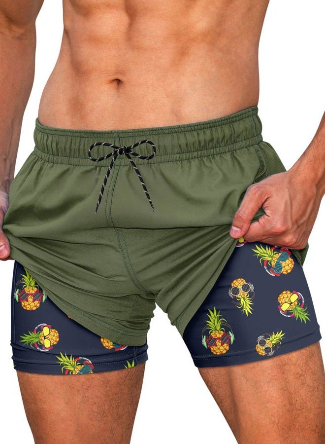 Cozople Men's Compression Liner Swim Trunks Pineapple wear Glasses Funny Print Bathing Suits Quick Dry Waterproof Boxer Brief Lined Bathing Suit Army Green L - Image 1