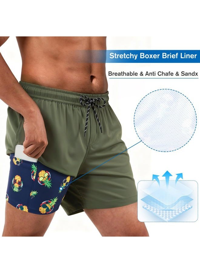 Cozople Men's Compression Liner Swim Trunks Pineapple wear Glasses Funny Print Bathing Suits Quick Dry Waterproof Boxer Brief Lined Bathing Suit Army Green L - Image 4