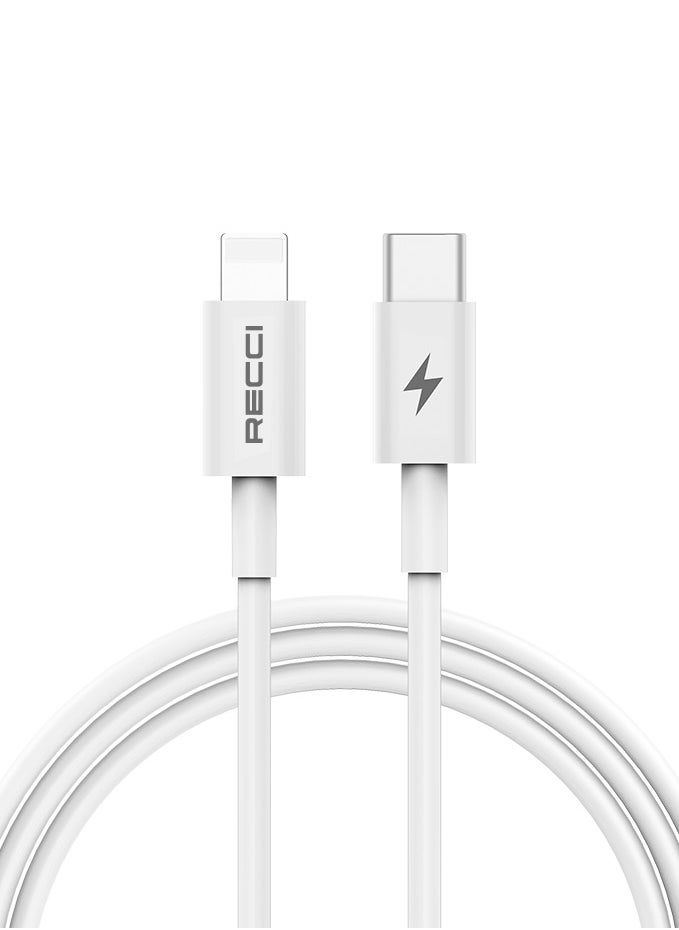 Recci Type C to Lighting Cable PD 30W 1.5M Fast Charging Data Cable Charging Cord for iPhone iPad and Macbook Anti-Swing White  - Image 1