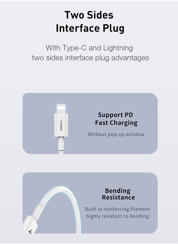 Recci Type C to Lighting Cable PD 30W 1.5M Fast Charging Data Cable Charging Cord for iPhone iPad and Macbook Anti-Swing White  - Image 5