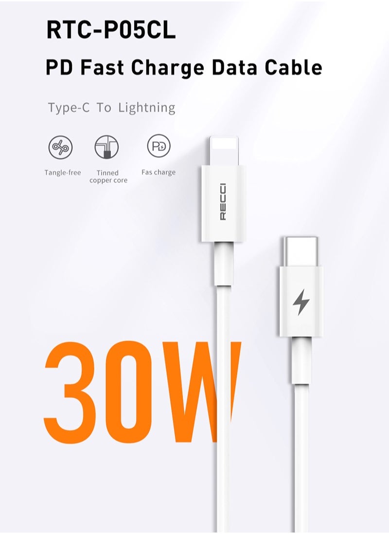 Recci Type C to Lighting Cable PD 30W 1.5M Fast Charging Data Cable Charging Cord for iPhone iPad and Macbook Anti-Swing White  - Image 2