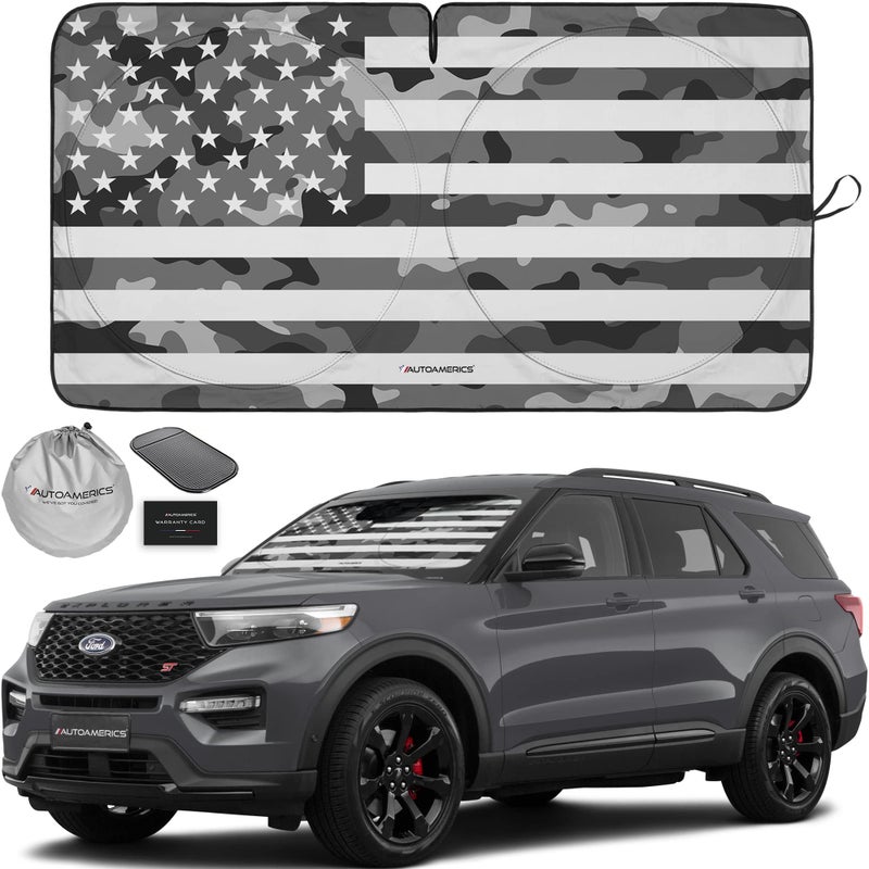 Autoamerics 1-Piece Windshield Sun Shade Gray Camo American Flag USA Design - Foldable Car Front Window Sunshade for Most Sedans SUV Truck - Blocks Max UV Rays and Keeps Your Vehicle Cool - Medium - Image 1